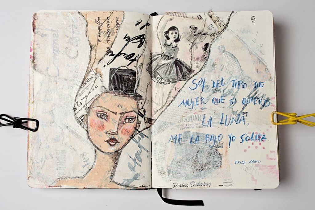 AN ART JOURNAL PAGE WITH A FRIDA KAHLO PICTURE AND A QUOTE 