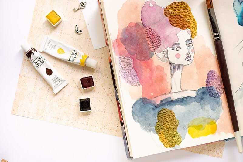 ART JOURNAL page OF A GIRL painted with watercolor