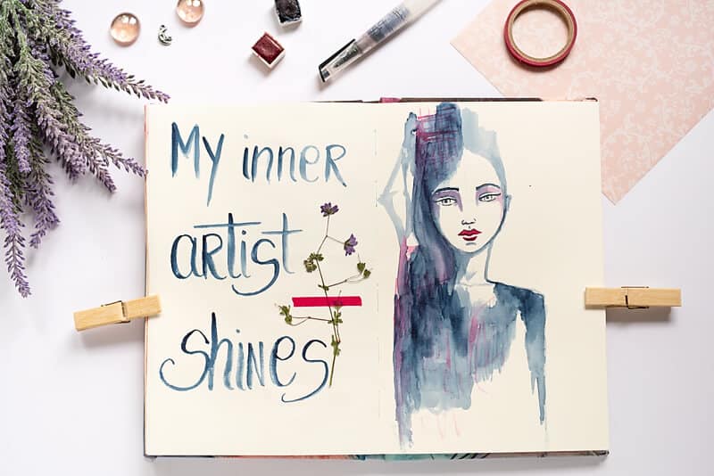 ART JOURNAL SPREAD WITH POSITIVE AFFIRMATION AND WATERCOLOR GIRL