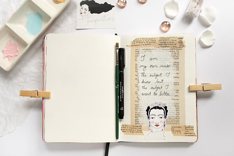 aesthetic art journal page with frida kahlo drawing