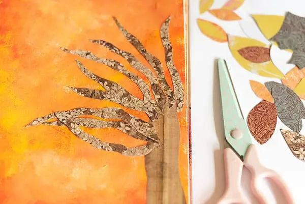 fall tree collage in an art journal