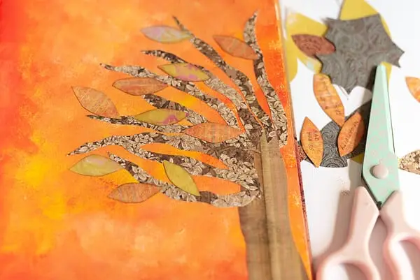 fall tree collage in an art journal