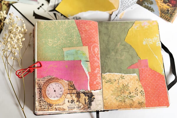 art journal spread with paper collage