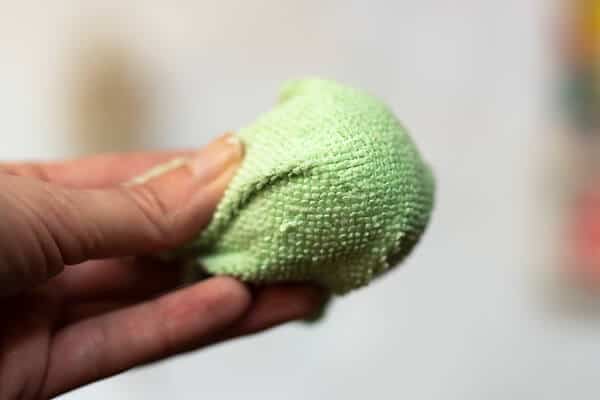 HAND HOLDING A SPONGE AND CLOTH