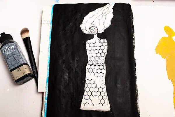 black and white art journal page with a human figure