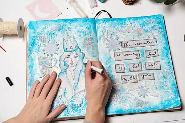 outlining the painted girl with a marker