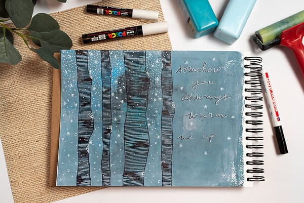 winter tree doodles in an art journal