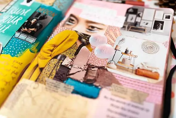 close-up of art journal inspiration board