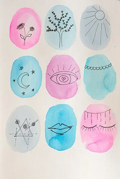 finished easy watercolor painting of shapes and doodles