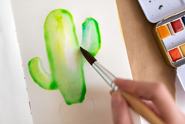 painting shadows on the watercolor cactus