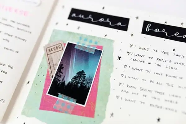 art journal page with framed images