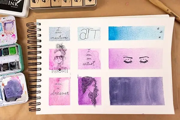 journal page with watercolor and stamps