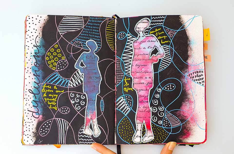 art journal page with lines and shapes