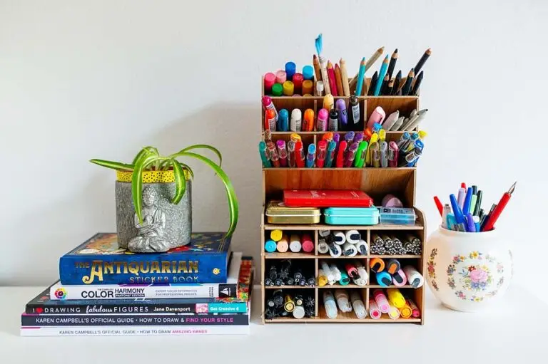 art supplies in a small shelf
