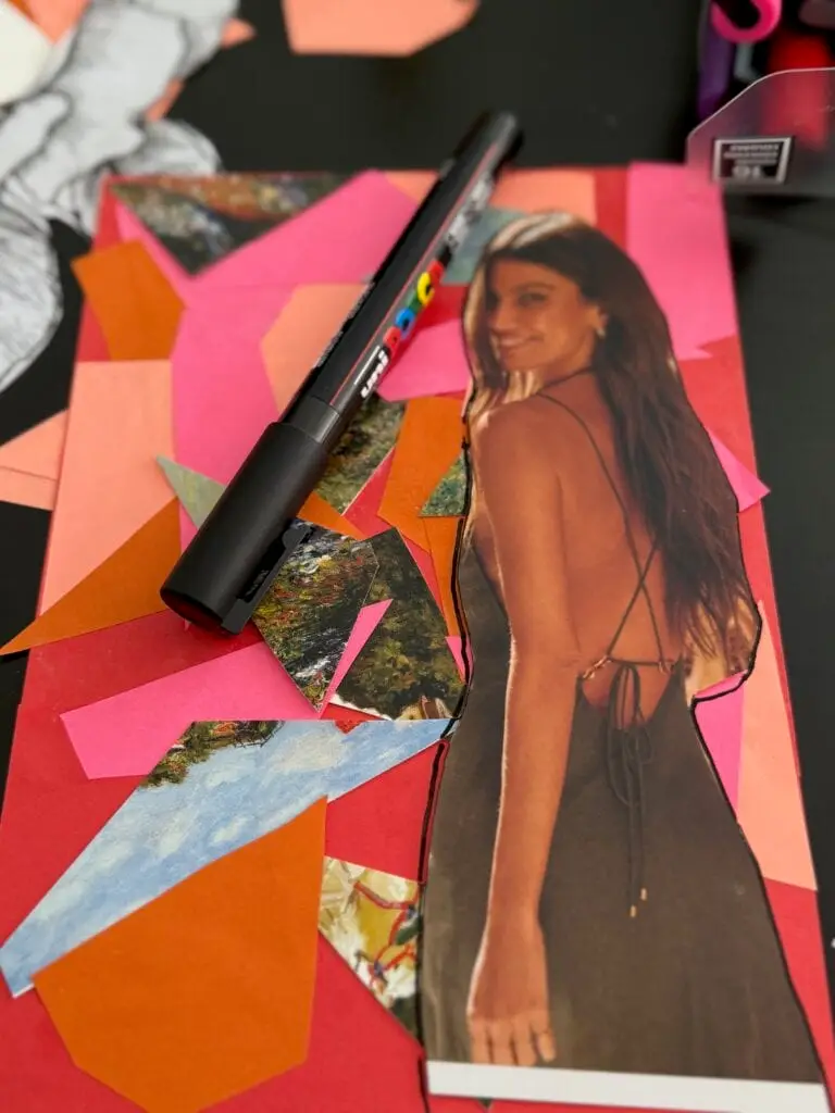 Outlined magazine model as focal point in easy art journal collage