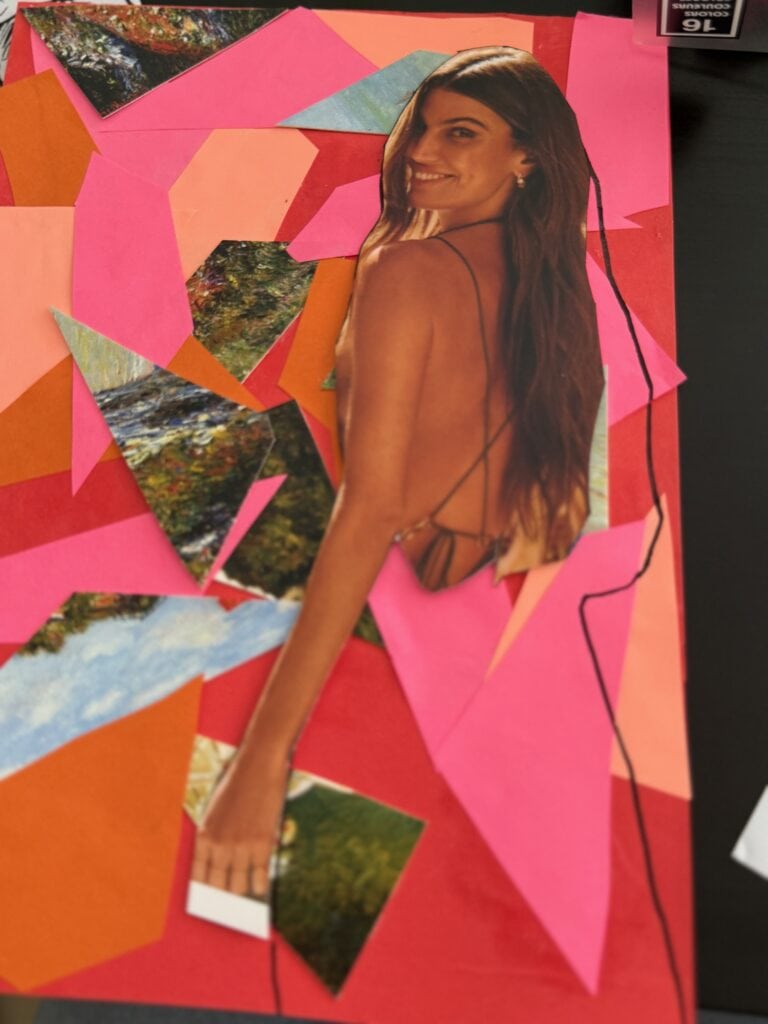 Cut-out dress technique showing background through the model in collage