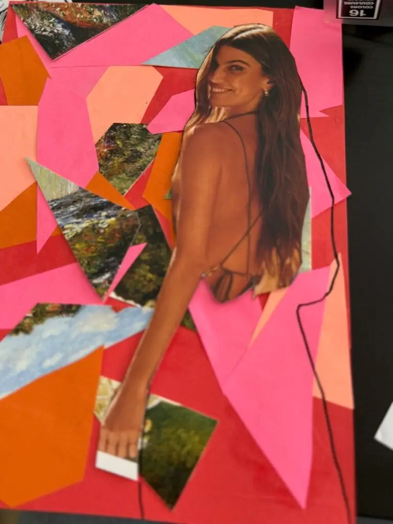 Cut-out dress technique showing background through the model in collage