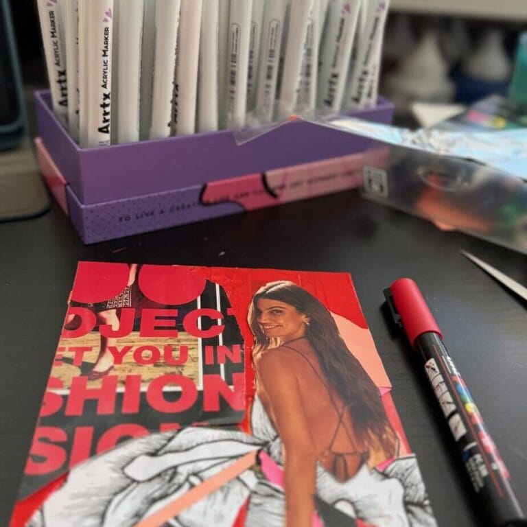 Finished easy collage idea for art journal with unified red tones and focal figure