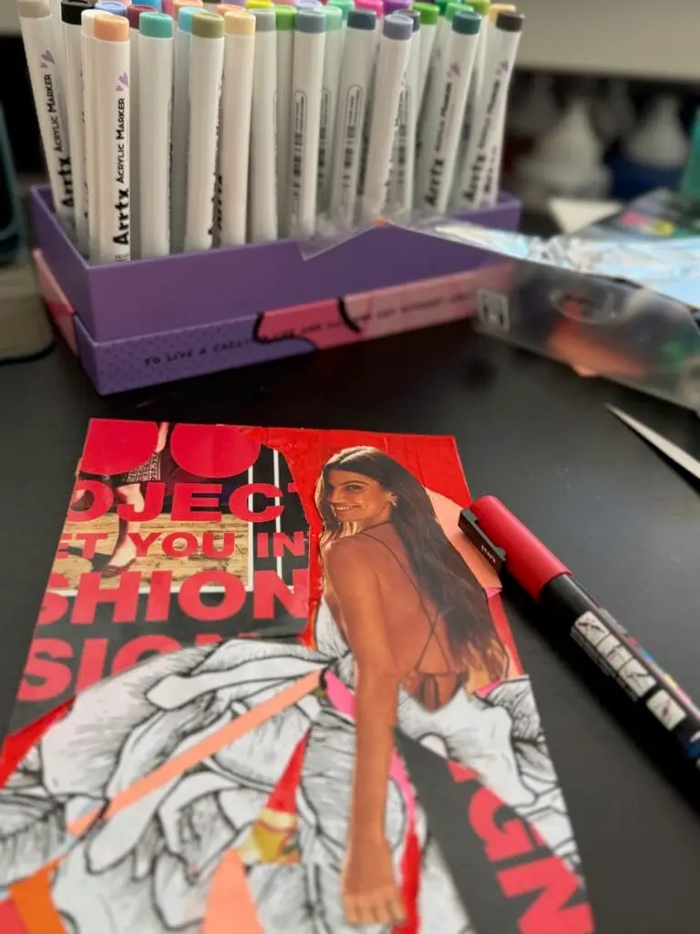 Black-and-white flower illustration softening geometric background in art journal collage