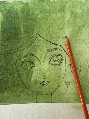 hand painted art journal background in green for the summer whimsical face