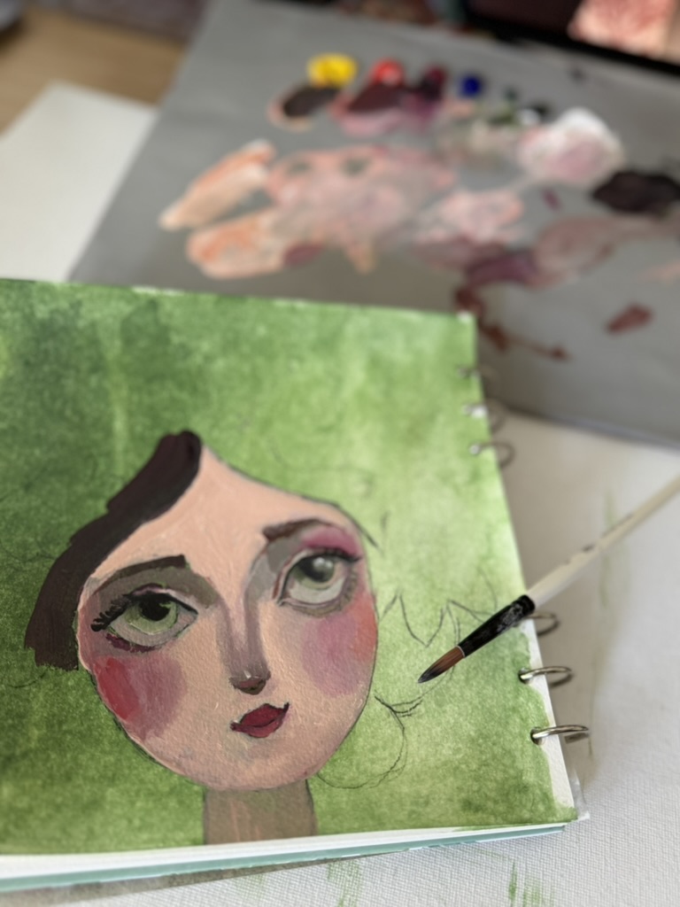 hand painted art journal of a whimsical face step by step