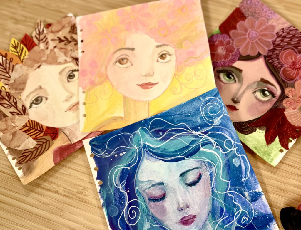 handmade art journals of Whimsical faces. in the different four seasons