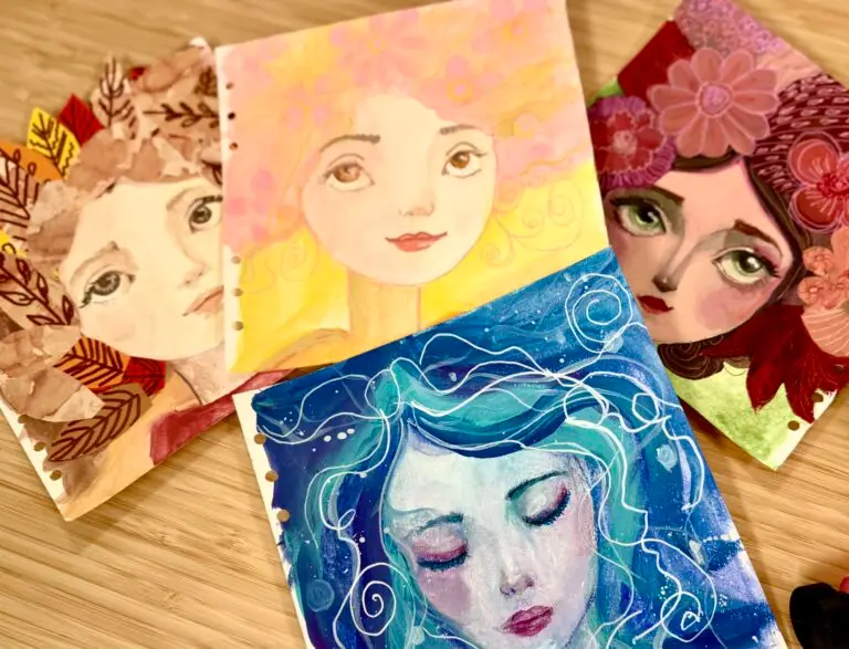 hand painted art journals of whimsical faces of winter, summer, fall and spring