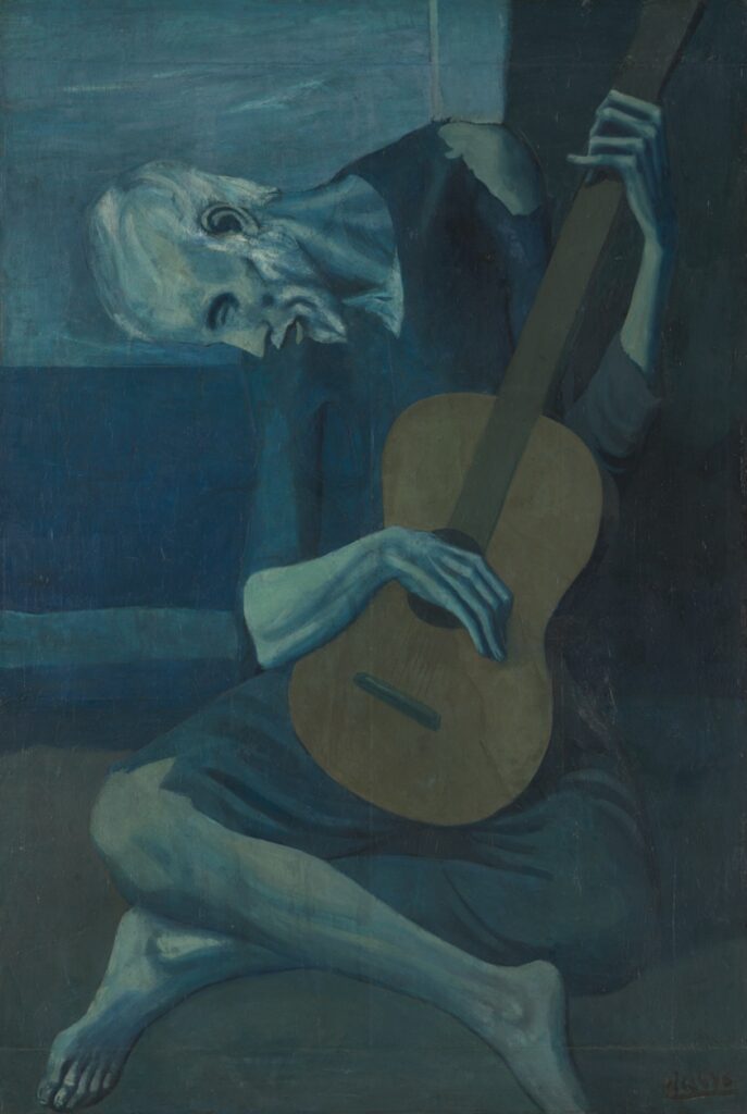 Artwork: The Old Guitarist (1903-1904) an example of the monochromatic color wheel
