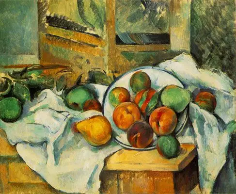 StillLife with a Curtain (1895) by Paul Cézanne, a tabletop scene with warm orange and yellow fruit in the foreground against cooler blue and white drapery, showing depth through color temperature contrast