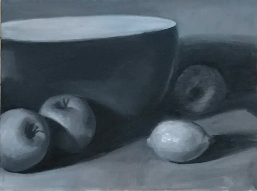 Oil painting of a still life by Salwa D example showing depth by light and shadow.