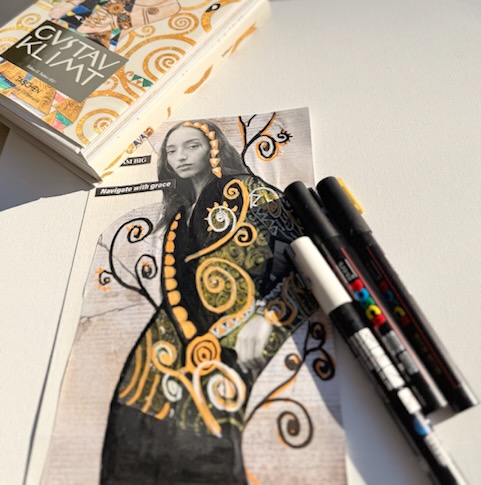 Mixed-media art-journal page inspired by Gustav Klimt’s decorative patterns, featuring gold accents, spirals, and symbolic motifs in a modern handmade interpretation.