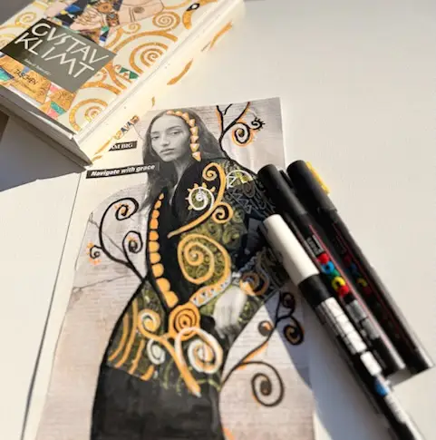Mixed-media art-journal page inspired by Gustav Klimt’s decorative patterns, featuring gold accents, spirals, and symbolic motifs in a modern handmade interpretation.