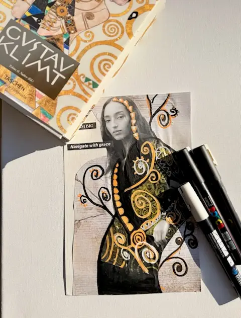 Mixed-media art-journal page inspired by Gustav Klimt’s decorative patterns, featuring gold accents, spirals, and symbolic motifs in a modern handmade interpretation.