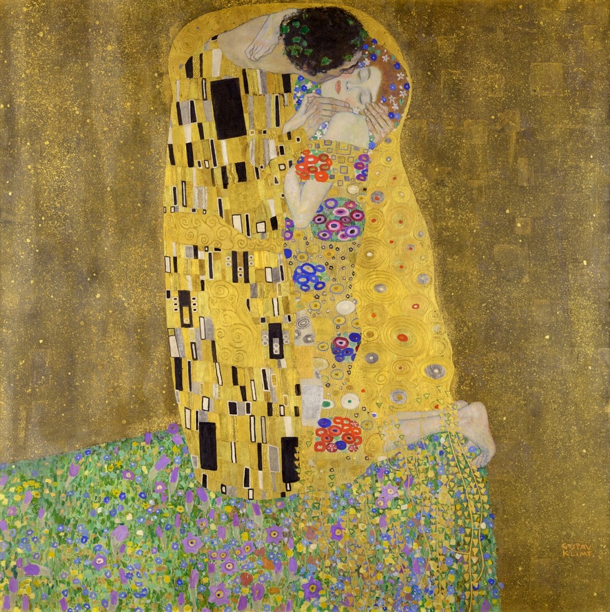 Golden painting “The Kiss” by Gustav Klimt showing a couple embracing, wrapped in patterned robes with shimmering gold leaf. It is a symbol of love and intimacy.