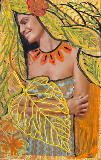 art journal page of a mixed media of a woman and leaves