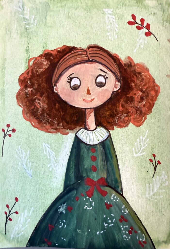 handmade greeting cards whimsical doll in green