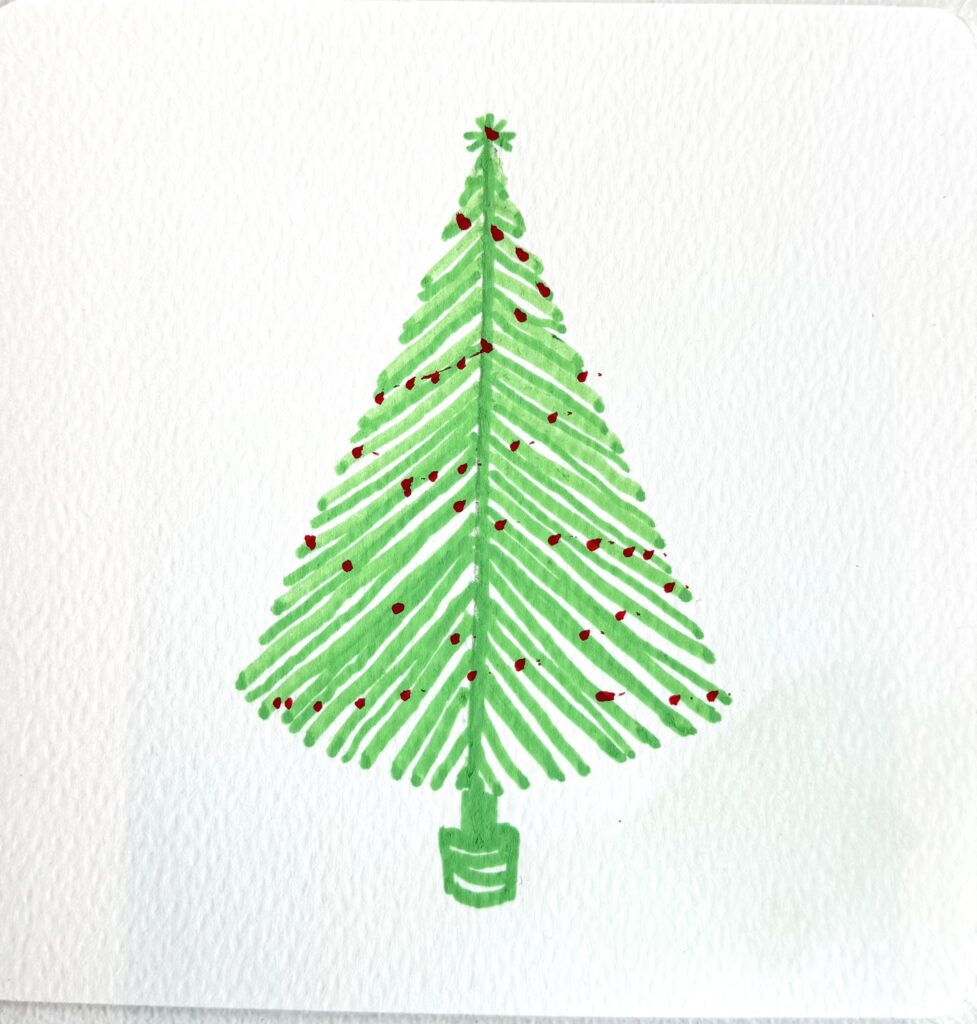 handmade Christmas tree greeting card. Green Christmas Tree with red lights