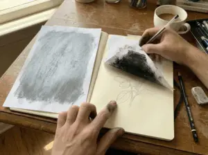 an artist transferring an image using the rubbing techniques