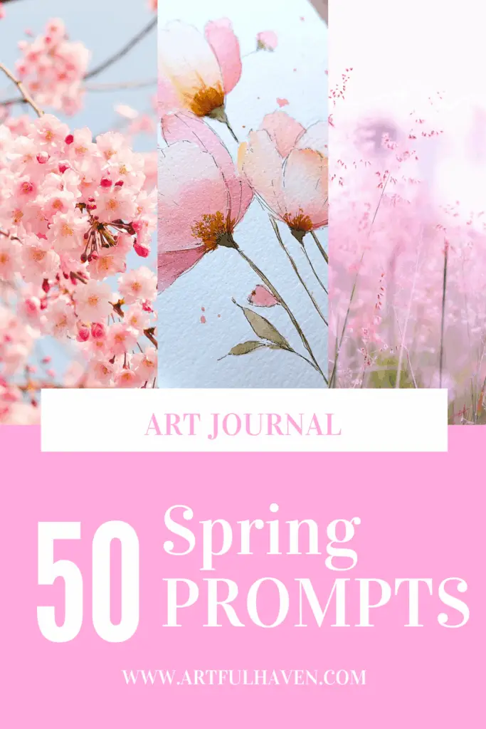 a photo of flowers and a watercolor painting of flower and a text on top 50 spring prompts