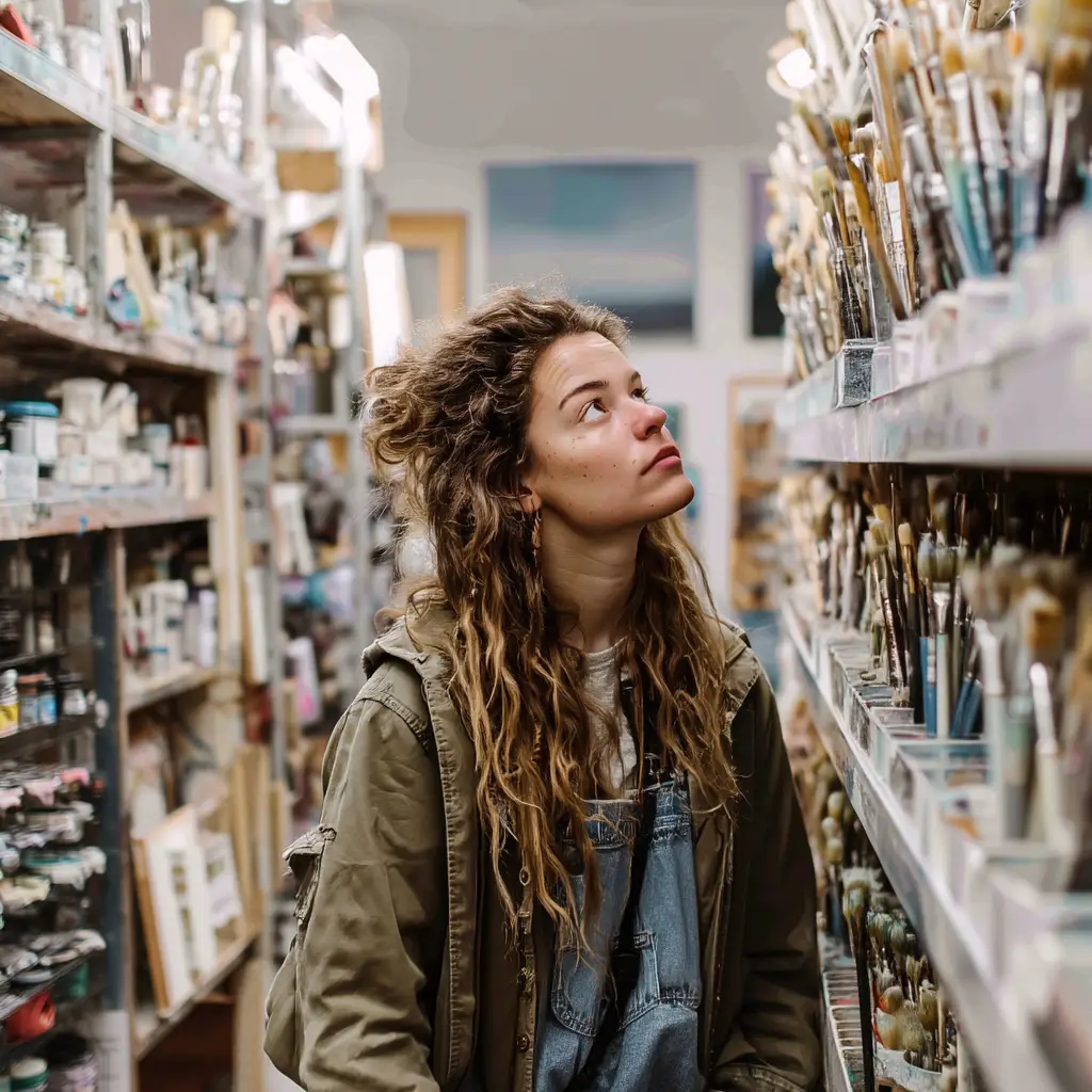 A beginner artist looking overwhelmed in an art supply store surrounded by paintbrushes and paints