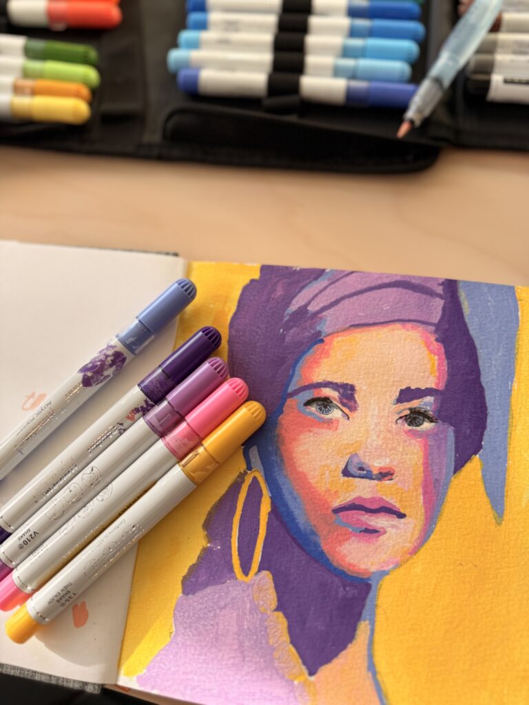 art journal portrait using ohuhu acrylic markers