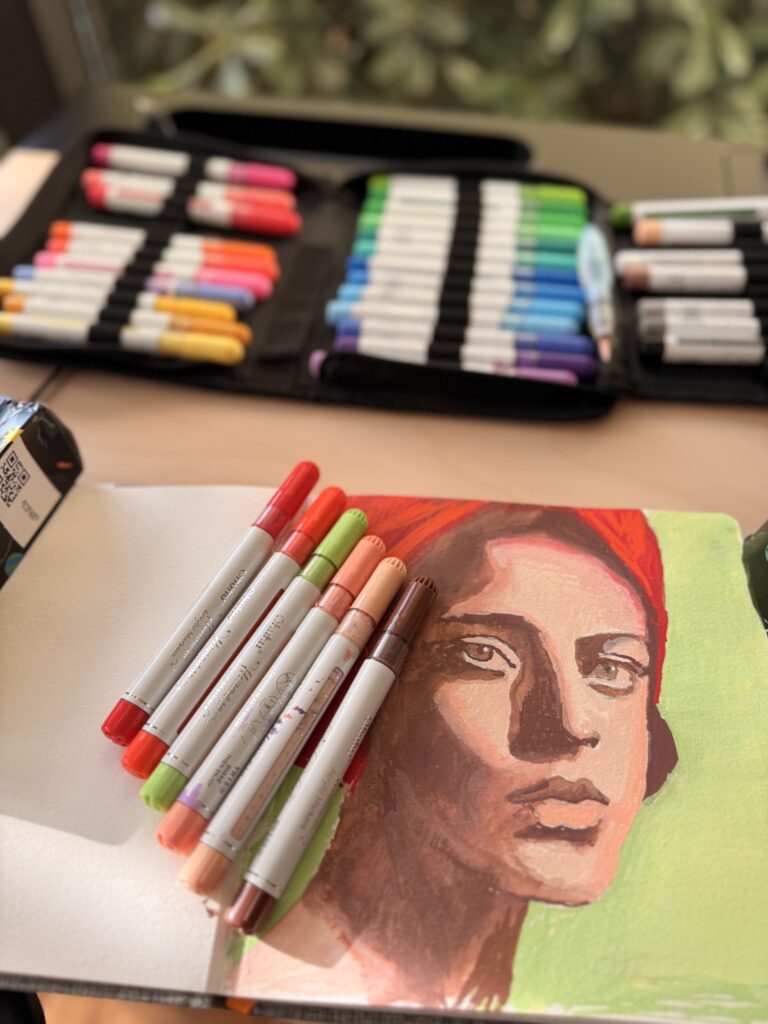red and green portrait in acrylic paint