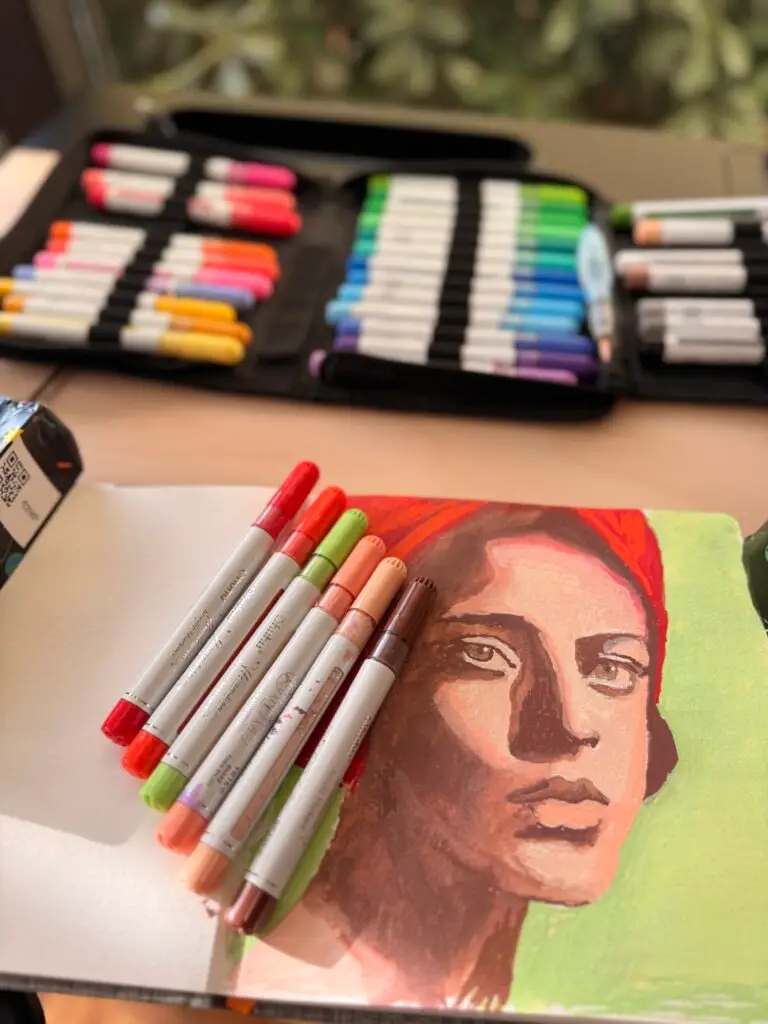 red and green portrait in acrylic paint