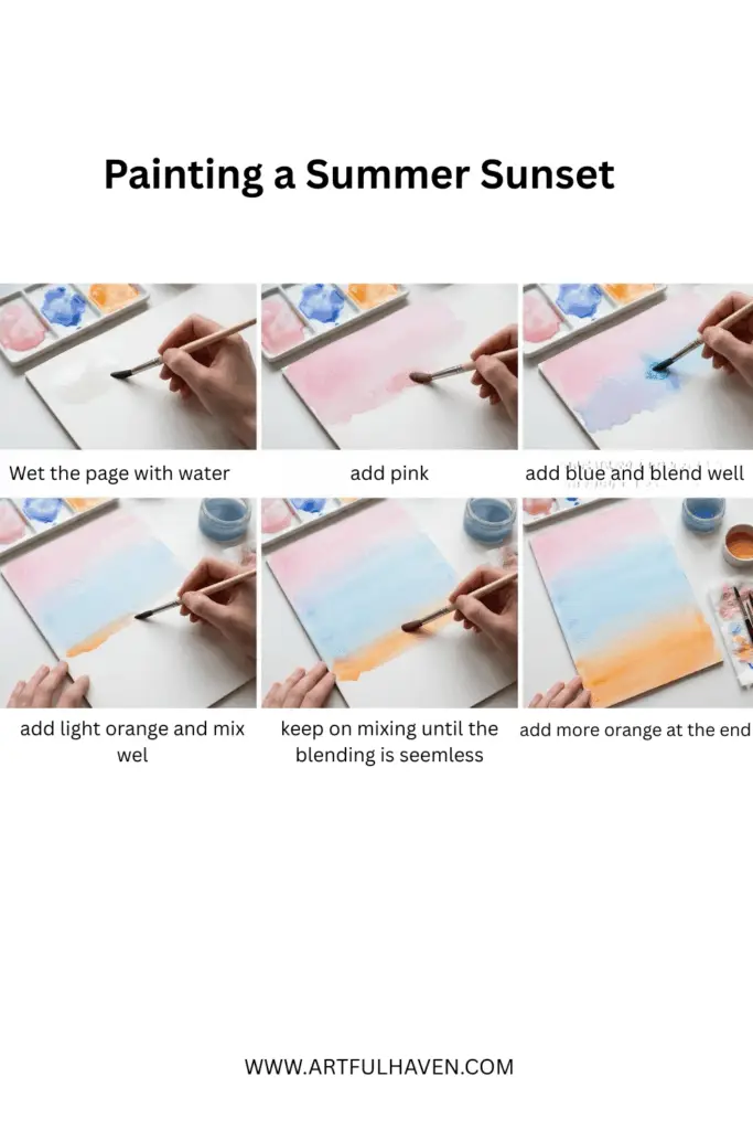 a step by step water color painting for beginner of a summer sunset