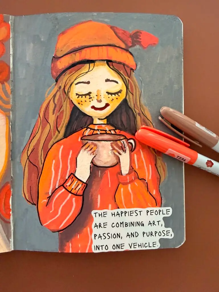 an art journal of a whimsical doll using arrtx markers