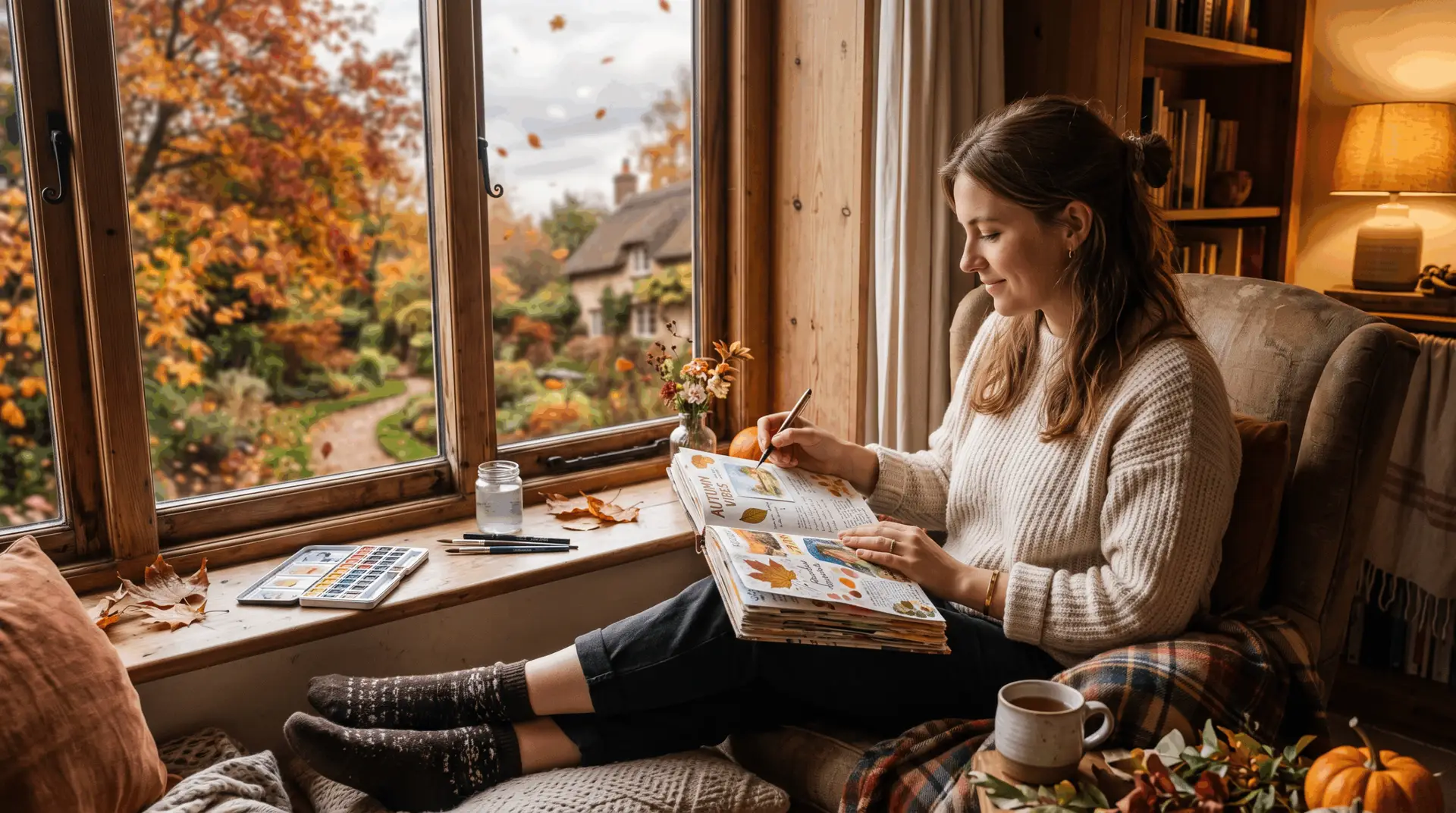 a lady relaxing by the window and creating mindful art journal