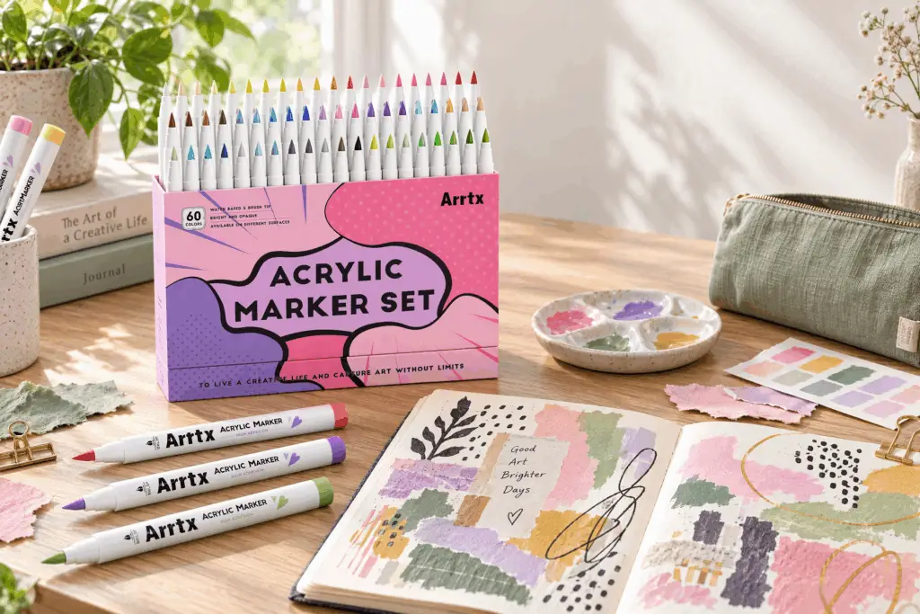arrtx acrylic markers on an table and an art journal